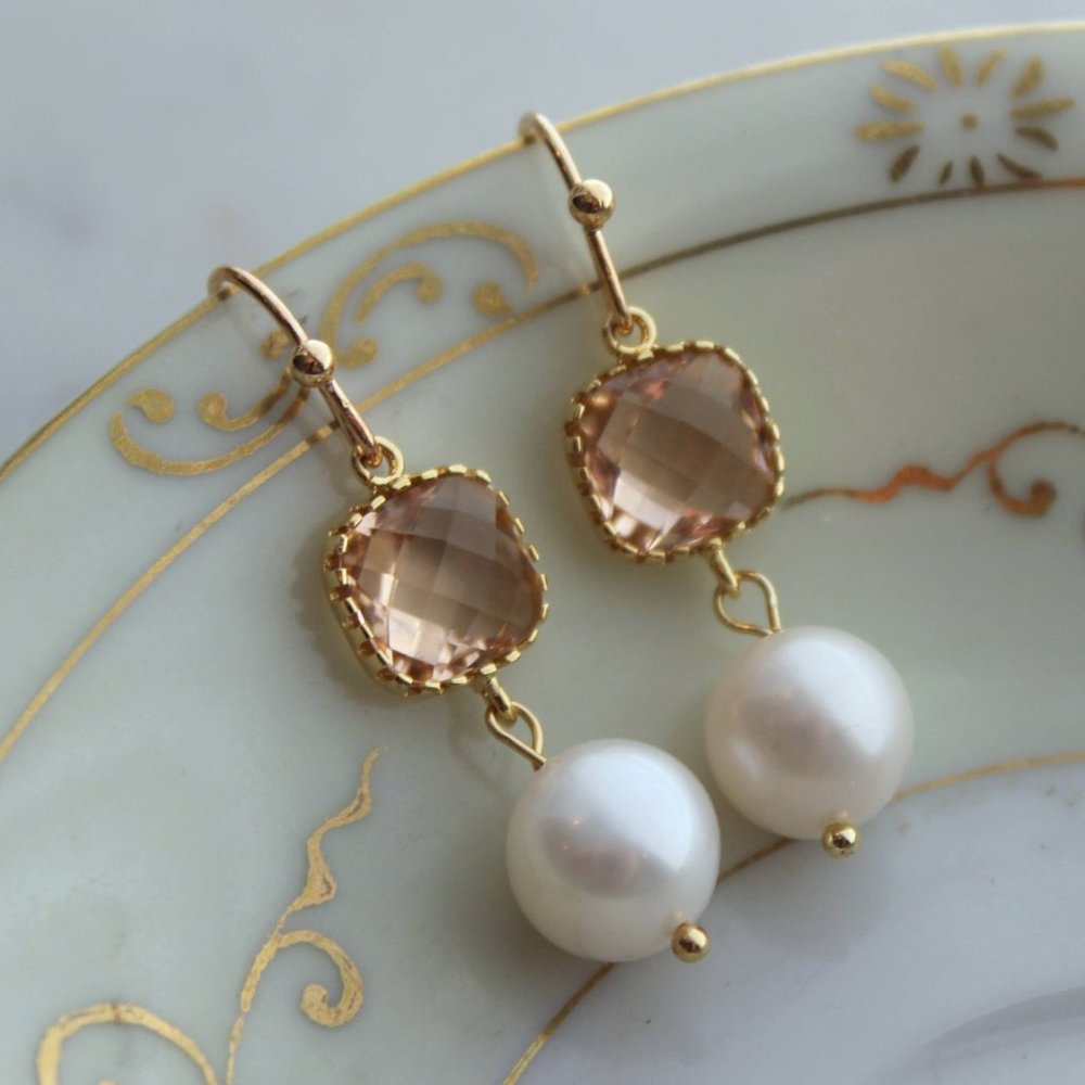 🌼 Gold Blush Gem + Freshwater Pearl Earrings 🌼